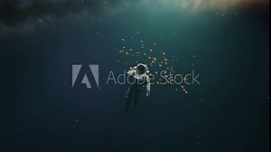 Astronaut floating in space and playing with butterflies in a 3D animation