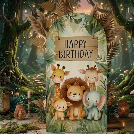 Safari Animals Birthday Backdrop, Jungle Animal Party Background, Cute Lion Elephant Giraffe Kids Birthday Photo Booth Decor