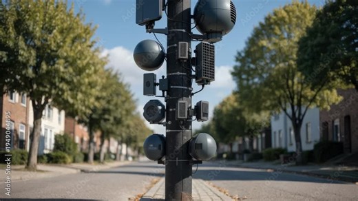 Smart pole equipped with environmental sensors and 5G radios situated on a quiet suburban avenue trees and houses softly out of focus behind the pole.