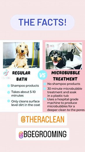 Regular bath VS Microbubble Treatment THE FACTS! Regular bath: *5-10 minutes* The pet goes into a tub with a drain, they get sprayed with water to get them wet, then we apply a topical shampoo and we start to scrub. Once we're done the scrubbing that causes friction to break up all the oils and dirt/debris on the hair & top of the skin, we then take that same shower hose line and rinse all of the residue off...done! But is that a "bath"? No, it's a shower the same way we wash our own hair! Micro