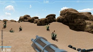Shooter video game POV realistic 3d footage. Armed futuristic combat first perspective view. Player interface with shooting target. Lonely fake sci fi soldier in desert battle field animation