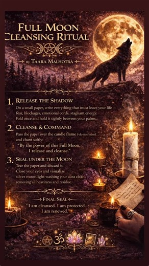 Taara Malhotra on Instagram: "Full Moon Cleansing Ritual 2026 - 3rd Jan - Wolf Moon !! 1. RELEASE THE SHADOW On a small paper, write everything that must leave your life — fear, blockages, emotional cords, stagnant energy. Fold once and hold it tightly between your palms. 2. CLEANSE & COMMAND Pass the paper over the candle flame (do not burn) and chant softly: “By the power of this Full Moon, I release and cleanse.” 3. SEAL UNDER THE MOON Tear the paper and discard it. Close your eyes and visual