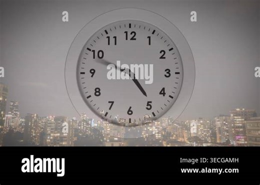Analog clock centered, mechanism moving hands over skyline showing time flow for designers Stock Video Footage - Alamy