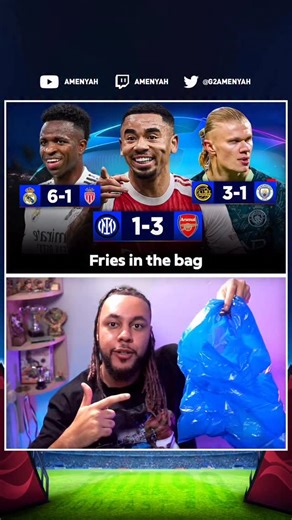 Dan Amenyah on Instagram: "Arsenal SLAP Inter, City Collapse + Madrid masterclass! 😱 (Fries in the bag 💔) #football #amenyah #arsenal #city #madrid #bodoglimt #bodo #vini #haaland #foden #rodri #gyokeres #jesus #gabriel #gabrieljesus #napoli #conte #mctominay #ajax #kairat #monaco #psg #sporting #villarreal"