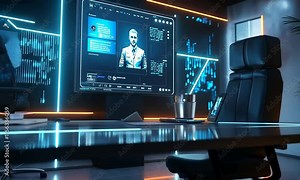 A modern workspace featuring a high-tech monitor displaying a digital interface.