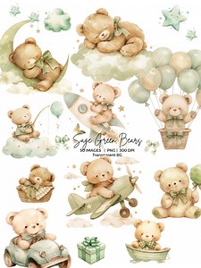 Cute Sage Green Teddy Bears Clipart Bundle Watercolor Bear PNG, Cute Animals PNG for Baby Shower, Birthday Invitations, Boho Nursery Decors - Etsy