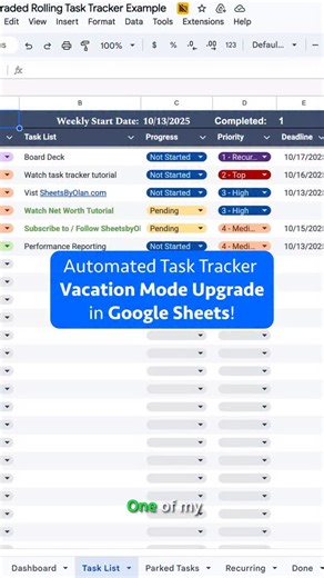 Optional Task Tracker Upgrade: Vacation Mode! Upgrade your automated task tracker to allow for vacation mode which pauses all recurring tasks from being added to your task list while you’re out of office. Once you’re back, they’ll be waiting for you! | Sheets By Olan