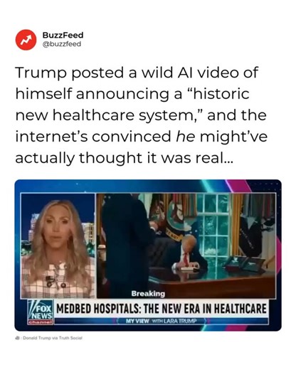 BuzzFeed on Instagram: "Donald Trump just shared a wild AI-generated video of himself announcing a “historic new healthcare system” featuring medbed hospitals and national medbed cards for every American. The video, which was deleted from his Truth Social page, sparked confusion online—especially since “medbeds” are tied to conspiracy theories about secret medical technology. Trump’s AI double promised every citizen access to top doctors and advanced facilities, but there’s no indication any of 
