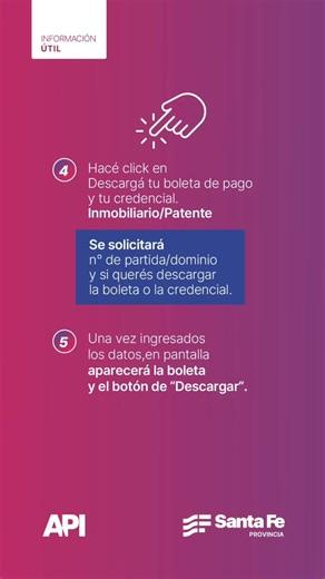 📲 En pocos pasos, podés descargar tus boletas de impuestos de manera rápida y sencilla. Mirá el video y conocé cómo obtener las boletas de Inmobiliario y Patente a través de API Santa Fe, sin moverte de tu casa. | Comuna María Juana