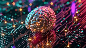 Close up neural circuit and electronic cyberbrain on the surface of a computer motherboard with illuminated lines. The concept of new technologies and development in the Internet computer field Stock Video