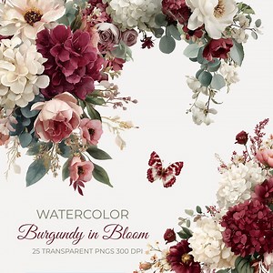 Watercolor Burgundy & Ivory Floral Clipart Pack | 25 Flower Arrangements Pngs, Botanical Wedding Baby Shower Fall Christmas Flowers Clip Art - Etsy