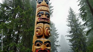 A detailed totem pole displaying carved figures of faces stands tall in the forest, a symbol of cultural heritage and art.