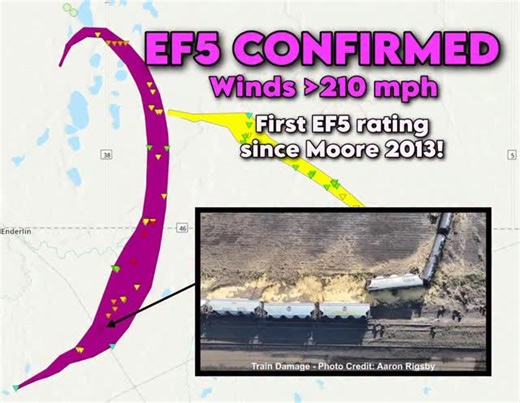 MyRadar Weather Radar on Instagram: "FIRST EF5 TORNADO since 2013 CONFIRMED! BREAKING: In a historic upgrade, the National Weather Service in Grand Forks, North Dakota has UPGRADED the June 20 Enderlin, N.D. tornado to EF5. Maximum winds were estimated to exceed 210 mph! This is the first EF5 tornado confirmed in the United States since May 20, 2013, when Moore, Oklahoma was hit by an EF5. This was one of several tornadoes near Enderin, N.D.; it was up to 1.05 miles wide, touched down at 11:02 p