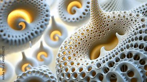 A close-up of a white, intricate, 3D structure, revealing an organic pattern reminiscent of a coral reef