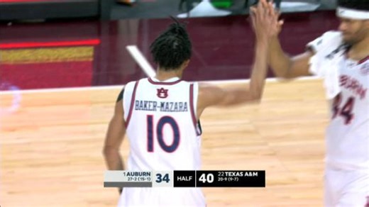 Auburn's Chad Baker-Mazara drills 3 to end 1st half