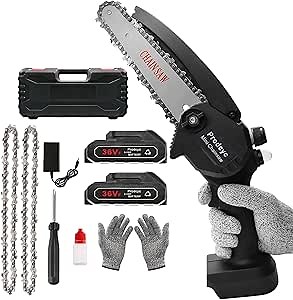 Cordless Mini Chainsaw 6 Inch Battery Powered Portable Electric Chainsaw, Small Handheld Chain Saw for Wood Cutting Tree Trimming Gardening Camping (BLACK MINI CHAINSAW + 2 BATTERY)