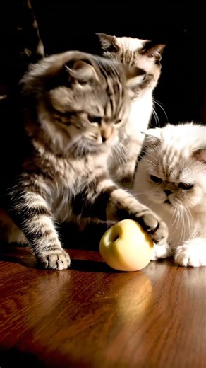 Cats vs. Fruit: A Slow-Mo Fiasco! Prepare for some purr-fectly hilarious slow-motion chaos! 🐾 Watch what happens when a mysterious light-colored fruit appears on a pristine wooden table, much to the curiosity (and eventual dismay) of our three resident felines. The fluffy tabby, our resident guardian, tries to claim it as treasure with epic paw slaps. The sleek Siamese, ever the stealthy predator, circles with intent before a most undignified, dramatic slip! And finally, the majestic chubby Per