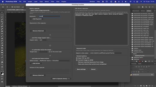 ISO: BETA TESTERS! For a couple of years now I’ve used my script Finishing Touches to automates Photoshop actions for each image based on its keywords and aspect ratio. This means I can drop a folder of color and be images of different aspect ratios on *one* droplet and have the script make sure the correct grain actions, halation and sometimes Poserframes actions are applied. My old script required some manual coding to set up, but now I’m attempting to make it more accessible by adding a more 