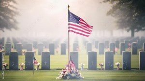 The US flag is placed in front of the graves of soldiers who died in war on Memorial Day or Victory Day. 4K smooth looping video