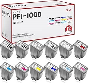 PFI1000 PFI-1000 Ink Tank with New Chip Replacement for Canon Ink Lucia PRO PFI-1000 Ink Cartridge for Canon ImagePROGRAF PRO-1000 Printer Ink, 12-Pack (MBK, PBK, C, M, Y, R, GY, B, PGY, PC, PM, CO)