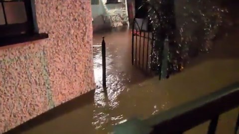 Severe flooding and road blockages on Pen-Y-Pound Road in Abergavenny, UK