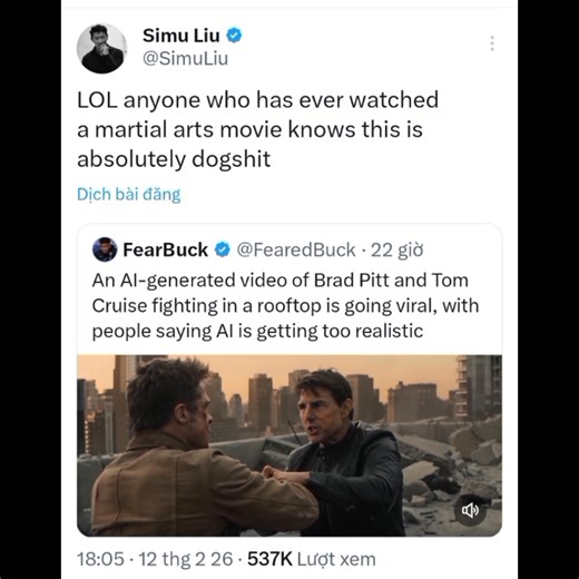 Nam diễn viên Simu Liu chia sẻ lại một video hành động võ thuật do AI tạo ra và chê là nó như c**. Bỏ qua vấn đề chất lượng của cái video này so với phim ảnh thật thì mình thấy nó có một vấn đề khá rõ ràng ở đây. Đấy là trình độ của AI đang tiến hóa quá nhanh. Tầm vào khoảng cuối năm ngoái mình vẫn có thể tự tin vào việc là khi nhìn vào một video nào đó, mình có thể ngay lập tức nhận ra nó là AI hay không. Nhưng mà thực sự là mới trải qua hơn một tháng thôi, có rất nhiều video đến thời điểm hiện