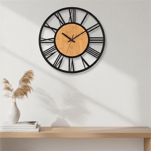 Large Roman Numeral Wood Clock | Silent Metal Frame Modern Decor - Etsy