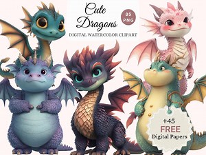 Cute Cartoon Dragons Watercolor Clipart Bundle – Adorable Dragon PNG, Kawaii Medieval Fantasy Art, POD Friendly 45 Free Papers (85 Images) - Etsy