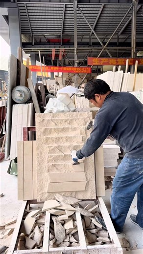 Hand processing limestone slab to natural finish 🪨🔨 for outdoor stone projects