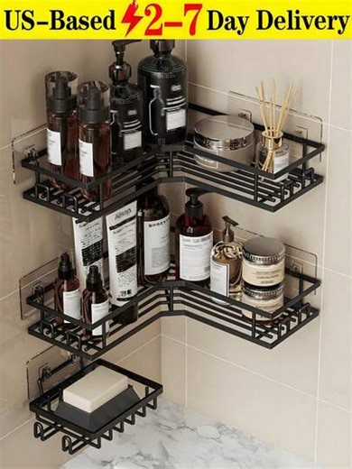 1 Set (3-Piece) Stainless Steel Bathroom Storage Rack Set, Corner Shower Basket, No-Drill Metal Ironwork Black Corner Adhesive Shower Storage Rack, Wall-Mounted Bathroom Shower Rack For Shampoo, Body Wash, Soap, Etc. Ideal For Bathroom, Kitchen, And Living Room Corner Storage-Perfect Party And Holiday Gift. Bathroom Storage Rack, No-Drill Bathroom Vanity Shelf, Toilet Wall-Mounted Triangular Storage Rack. Optimizes Space Utilization With Reinforced Thickened Frame For Enhanced Load-Bearing Stren