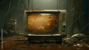 An outdated television set with a wide curved tube display and a thick grey plastic facade. Cables stretch from the back of the TV dripping with old dust particles.