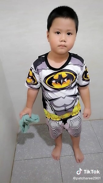 Little Batman Takes on Bathroom Cleaning