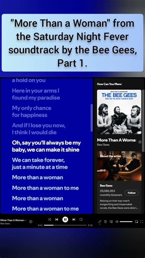 "More Than a Woman" from the Saturday Night Fever soundtrack by the Bee Gees, Part 1.