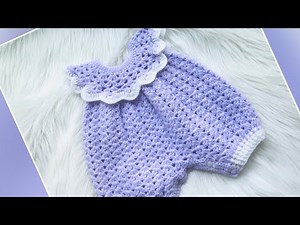 Adorable Bubble Romper, Onesie or playsuit with Round Yoke and Easy Lacy Fan Stitch Crochet Pattern