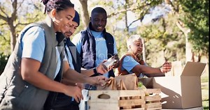 Volunteers, food box and charity in outdoors, help and community service for social responsibility. People, donation and grocery bags for society project, non profit and teamwork for accountability