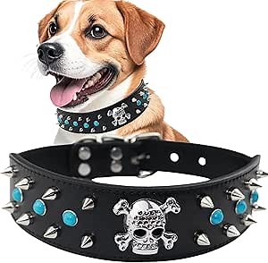 Spiked Dog Collar with Skull Charm & Turquoise Studs | Punk Rock Heavy Duty Soft PU Leather Anti-Bite Studded Collar Black-Medium