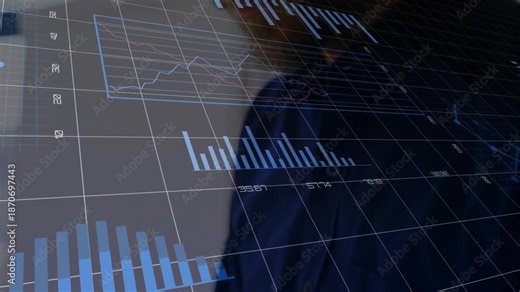 Data analyst typing on laptop and updating bar charts, line graphs, ring graphs over grid interface