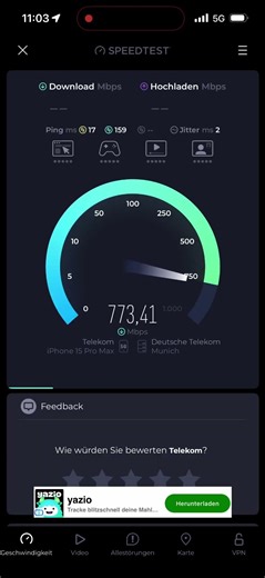 Rekord OHNE n78: 853 MBits im Telekom 5G Netz / Telekom Speedtest Leonberg / Speed Test on fire 🔥