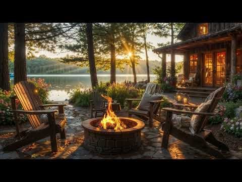 Relaxing Summer Evening by the Lake | Cozy Cabin Ambience & Crackling Fire, Birds, Nature sounds