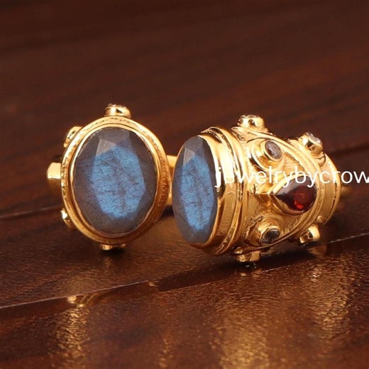 Blue Labradorite Ring: Red Garnet Gemstone Sterling Silver Gold Filled Cocktail Handmade Adjustable Jewelry - Etsy