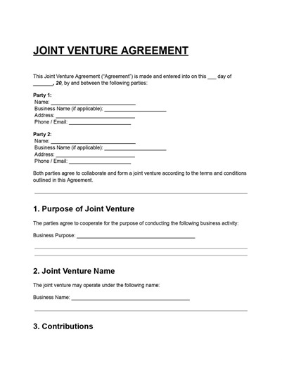 Editable Joint Venture Agreement DOC & PDF | Business JV Contract (digital Download) - Etsy