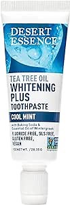 Desert Essence Tea Tree Oil Whitening Toothpaste Travel Size, 1 oz - Flouride Free, Gluten Free, Vegan, Non-GMO - with Bamboo Stem Fiber, Baking Soda, Tea Tree Oil for Whitening Teeth & Fresh Breath