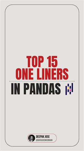 Deepak Jose | Data Science & Gen AI on Instagram: "🚀 15 Pandas One-Liners Every Data Scientist Must Know!🐼 �From spotting missing values to pivoting like a pro — here are 15 Pandas one-liners you can use to level up your data analysis in seconds ⚡ � Dataset: Titanic 🚢 �Perfect for your next EDA, these tricks save time + make you look like a data wizard 🪄 👉 Save this post for your next project!� 👉 Which one did you know already? ⚠️NOTICE Special Benefits for Our Instagram Subscribers 🔻 ➡️ 