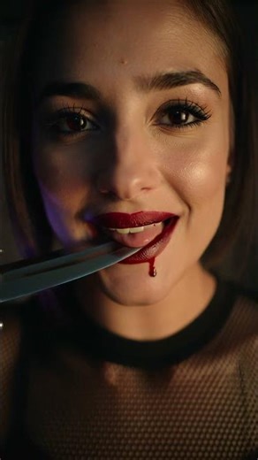 Goth Girl Licking Blood-Red Lipstick Off a Dagger Blade
