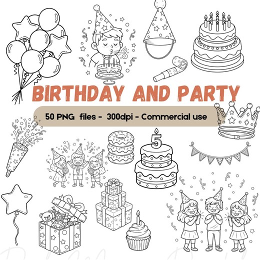 Birthday Party Line Art Clipart, Kids Birthday Outline PNG, Cake Balloons Party Icons, Coloring Page Clipart, Commercial Use - Etsy
