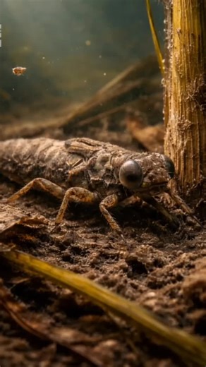 A dragonfly undergoes a dramatic transformation from an underwater predatory nymph to a fully formed aerial hunter, completing a critical emergence process where its wings expand and body hardens for flight.