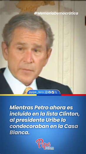 Lunes de #MemoriaDemocrática Vale la pena recordar el día en que el Presidente Uribe era reconocido por el Presidente George W. Bush con “La Medalla de la Libertad”. Por su esfuerzo y contundencia en la lucha contra el terrorismo. Mientras tanto, ahora Petro nos pone en vergüenza en internacional al ser incluido en la Lista Clinton. ————— Memoria Democrática es una serie de videos en donde resaltamos los logros y legado del Presidente @alvarouribevelez #MemoriaUribe #seguridad #pipeferro | Felip