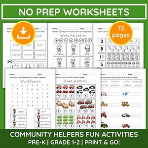 Community Helpers Activities & Worksheets, No-Prep Back to School PreK Grade 1-2