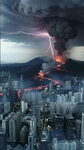 Volcano and Storm Collide Over City | Lava, Ash, and Lightning