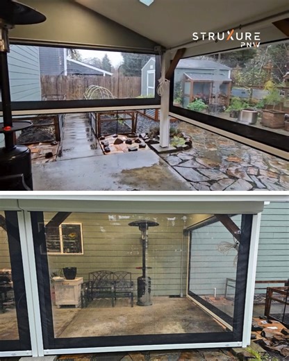 Have you ever seen clear vinyl screens on a patio? 🪟 They're a brilliant way to extend your outdoor living season. This custom installation offers the perfect balance: superb protection from wind and rain while preserving a completely unobstructed view. It's like an invisible shield for your patio. #screenedporch #screenedpatio #vinylscreens #MotorizedShades #motorizedscreens #outdoorscreens #outdoorlivingspace #patiocover #PatioGoals #pnwlife #pnw | StruXure PNW